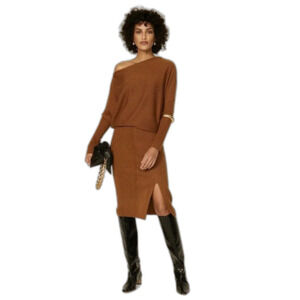 Victor Alfaro Collective Draped Asymmetric Sweater Dress Mustard Brown S